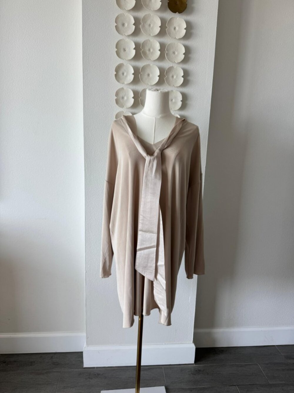 Ioanna Kourbela Oversized Draped Tunic Dress Beige Tie Neck Minimalist OS Fit - Picture 2 of 6
